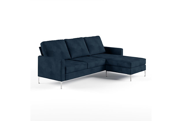 The Novogratz Chapman Sectional Sofa with Chrome Legs will enhance your living space and become a modern focal point of relaxation and lounging in your home. With a sleek design, ideal for small spaces, the Chapman features slightly rounded corners and slender mailbox arms that maximize seating space. Able to adapt to a variety of environments with its clean appearance and cushioned comfort, this sectional brings both a modern sensibility and a padded, roomy and relaxed L-shaped silhouette. Upholstered in a soft, blue velvet fabric, the Chapman has a floating ottoman or chaise that can be, positioned on either side for the ultimate in versatility and comfort. Anchored by a chrome leg base that draws the eye to its chic and polished style, the Novogratz Chapman Sectional Sofa with Chrome Legs will make a great addition to your living space for years to come. Robert and Cortney Novogratz - designers and parents of 7 - have always dreamt of creating the boutique experience for the modern family. For over 25 years, the husband and wife duo have been designing and developing spaces around the world. The Novogratzes' love of design, art, and architecture have driven their careers.Ideal small space living room furniture. Modern L shaped sectional sofa designed with chrome legs and a soft velvet upholstery to lounge in complete comfort. | Slender mailbox arms maximize seating space. Floating ottoman or chaise can be placed on either left or right side for added functionality. | Pair with the matching Novogratz Ottoman with Chrome Legs (DA037OT, sold separately) to complete the relaxed look. | Minimal assembly required. 1-year limited warranty. Also available in grey.