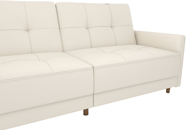 Just because you’re tight on space doesn’t mean you can’t go big on style. Case in point: the Andora coil futon. Clearly inspired by mid-century modern furniture, this high-design futon—upholstered in white faux leather—is dressed to impress with an ultra-linear profile, tufted cushions and slim track armrests. Independently encased coils provide comfort by day and extra support at night when this split-back futon opens up for overnight guests.Wood frame and legs | Foam padding over independently encased coils for superior comfort | Split-back design | Tufted back and seat cushions | Faux leather upholstery | Converts from sofa to sleeper | Assembly required