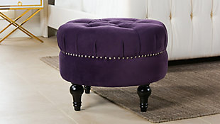 ACG Green Group, Inc. Tufted Round Ottoman with Nailhead Accents, Purple, rollover