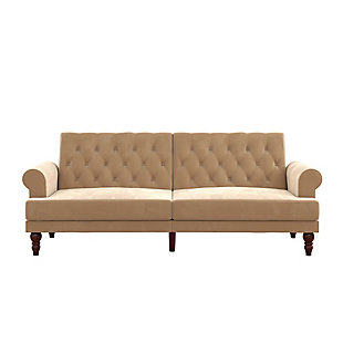 Vintage in design, the Novogratz Upholstered Cassidy Futon has the perfect touch of modern style to give your living room the wow factor it deserves. Upholstered in soft velvet, the versatile Cassidy Futon has plush rolled arms and button-tufted details on the back cushions. One of the best features is the multiple trendy colors in which it is offered which gives you the choice of adding a pop of color or opt for a more neutral tone. The Cassidy has a strong wood frame that sits on solid rubber wood legs with scrollwork details. What’s more, its multi-functional design offers the possibility to independently recline the backrest between sitting, lounging and sleeping to fit with the situation. Whether you want to read a good book, lounge back to watch a movie or lay down for a nap, the Novogratz Cassidy Futon has your back! Available in multiple color options. Ideal for your living room, guest bedroom or home office.Vintage design with plush rolled arms and button-tufted details on the back cushions. | Strong wood frame upholstered with a soft velvet upholstery that sits on solid rubber wood legs. | Multi-functional design. Backrest reclines independently between sitting, lounging and sleeping.