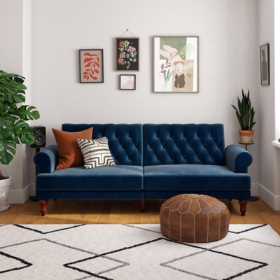 Novogratz Upholstered Velvet Cassidy Convertible Couch, Blue, large