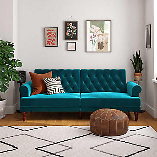 Novogratz Upholstered Velvet Cassidy Convertible Couch, Green, rollover