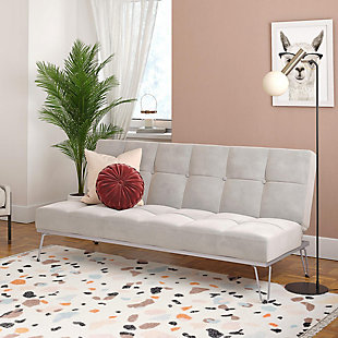 Modern in design, the Novogratz Elle Futon is the simple yet eye-catching addition you are looking for to complete your home décor. Perfect for your living room, home office or guest bedroom, the Elle is upholstered in soft velvet with square button tufted detailing on the backrest and the seat. What’s more, it sits of solid and trendy metal legs! Multi-functional and practical, the Novogratz Elle Futon is built with a versatile design that easily converts between three positions. With an easy push or pull, you can choose between a sitting, lounging or sleeping position; making it the ideal piece to add extra sleeping space for when you need to host friends or family overnight. The frame is built in sturdy wood and strong metal so you know it will stay with you for years to come. Available in multiple stylish colors, the Novogratz Elle Futon is exactly what you are looking for!Modern design with button tufting details on the back and seat. | Multi-functional split-back design converts between three positions: sitting, lounging and sleeping. | Sturdy wood frame with silver metal legs.