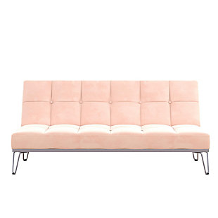 Modern in design, the Novogratz Elle Futon is the simple yet eye-catching addition you are looking for to complete your home décor. Perfect for your living room, home office or guest bedroom, the Elle is upholstered in soft velvet with square button tufted detailing on the backrest and the seat. What’s more, it sits of solid and trendy metal legs! Multi-functional and practical, the Novogratz Elle Futon is built with a versatile design that easily converts between three positions. With an easy push or pull, you can choose between a sitting, lounging or sleeping position; making it the ideal piece to add extra sleeping space for when you need to host friends or family overnight. The frame is built in sturdy wood and strong metal so you know it will stay with you for years to come. Available in multiple stylish colors, the Novogratz Elle Futon is exactly what you are looking for!Modern design with button tufting details on the back and seat. | Multi-functional split-back design converts between three positions: sitting, lounging and sleeping. | Sturdy wood frame with silver metal legs.