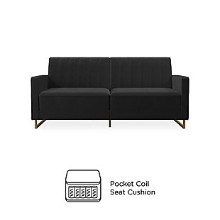 The Novogratz Skylar Coil Futon stands out from the rest and makes a statement! Modern and trendy, the futon is designed with a ribbed tufted cushioned back that features vertical stitching details in the backrest. The Skylar is upholstered in rich velvet and sits on trendy gold powder coated metal legs to add a touch of modern glam to your room décor. This upholstered futon is constructed with pocket coil seating to offer optimal comfort for you and your guests during a movie night. This versatile futon is also the perfect solution for accommodating overnight guests as its multi-functional split-back design allows you to independently recline the backrest between three positions: sitting, lounging and sleeping. Available in a variety of colors, the Novogratz Skylar Coil Futon is a great option if you want a piece that will instantaneously add functionality and personality to your home. What are you waiting for?Modern design fully upholstered in rich velvet with ribbed tufted cushioned back and gold powder coated metal legs. | Pocket coil seating to offer optimal comfort for movie watching or hosting overnight guests. | Multi-functional split-back design allows you to independently recline the backrest between three positions: sitting, lounging and sleeping.