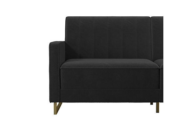 The Novogratz Skylar Coil Futon stands out from the rest and makes a statement! Modern and trendy, the futon is designed with a ribbed tufted cushioned back that features vertical stitching details in the backrest. The Skylar is upholstered in rich velvet and sits on trendy gold powder coated metal legs to add a touch of modern glam to your room décor. This upholstered futon is constructed with pocket coil seating to offer optimal comfort for you and your guests during a movie night. This versatile futon is also the perfect solution for accommodating overnight guests as its multi-functional split-back design allows you to independently recline the backrest between three positions: sitting, lounging and sleeping. Available in a variety of colors, the Novogratz Skylar Coil Futon is a great option if you want a piece that will instantaneously add functionality and personality to your home. What are you waiting for?Modern design fully upholstered in rich velvet with ribbed tufted cushioned back and gold powder coated metal legs. | Pocket coil seating to offer optimal comfort for movie watching or hosting overnight guests. | Multi-functional split-back design allows you to independently recline the backrest between three positions: sitting, lounging and sleeping.