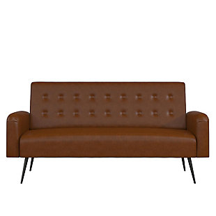 The Novogratz Stevie Futon is the perfect modern sofa bed for those who want practicality without compromising on style. Designed with rounded edges on the armrests, back and seat, the Stevie also features some button tufted detailing in the soft velvet upholstery. This convertible sofa bed is constructed with a strong plywood frame to ensure that it will last you through university and make it into your first apartment. To make this futon even better, the Novogratz Stevie Futon is built with a multi-functional design that allows you to recline the backrest between three position with an easy push or pull. This means you get to choose if you want your futon to be in a sitting position for long hours of studying, in a lounging position for a weekend long movie marathon, or in a sleeping position for hosting your friends overnight during the weekend. Available in multiple trendy colors, the Novogratz Stevie Futon is the ideal option to add a pop of style to your living room, home office or guest bedroom.Modern design upholstered in soft faux leather and featuring button tufted detailing and black metal legs. | Strong plywood frame to ensure stability and durability. | Multi-functional design allows you to recline the backrest between three positions: sitting, lounging and sleeping.