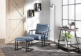 Sharp and clean, the mixed material design of the LumiSource Lounge and Ottoman is a great addition to any industrial modern aesthetic. Featuring an angular metal frame, a plush padded seat, and upholstered in a comfortable faux leather or fabric, this set is perfect for your living, office or bedroom area. Available in a variety of colors, choose the one that fits your space the best.Industrial styling | Cushioned seat and backrest | Faux leather upholstery | Sleek black metal frame | Includes 1 chair and 1 ottoman