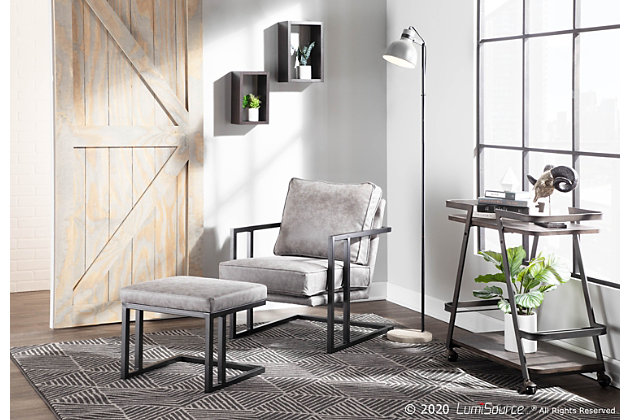 Sharp and clean, the mixed material design of the LumiSource Lounge and Ottoman is a great addition to any industrial modern aesthetic. Featuring an angular metal frame, a plush padded seat, and upholstered in a comfortable faux leather or fabric, this set is perfect for your living, office or bedroom area. Available in a variety of colors, choose the one that fits your space the best.Industrial styling | Cushioned seat and backrest | Faux leather upholstery | Sleek black metal frame | Includes 1 chair and 1 ottoman