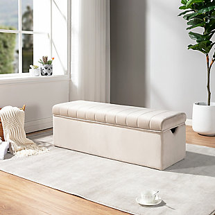 Enhance the look of any space in your house with the ACEssentials Cameron Lift Top Storage Bench. Perfect for storage at the end of your bed or in your living room, the top opens on hinges to provide an ideal spot for pillows, blankets or extra clothes. The cream-colored velvet features a vertical line sewing pattern on its top to create channeling. Providing seating space for two or more, the padded top is a comfortable spot to rest. The cutout side handles make for easy moving from room to room, while the sleek design ensures this piece is a modern accent for your decor. This contemporary bench is the perfect size to use as an ottoman footrest or for extra seating.Made of velvet, wood, foam and plastic | Enhance the look of any space in your house with this storage bench | Perfect for storage at the end of your bed or in your living room;  lift top opens on hinges to provide an ideal spot for pillows, blankets or extra clothes | Vertical sewing line pattern creates channeling | Side handles make for easy moving from room to room | Perfect size to use as an ottoman footrest or for extra seating