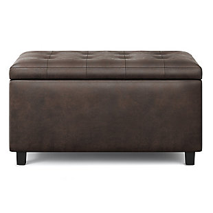 Why sacrifice function for beauty. For a stylish solution to your storage needs, look no further than the Cosmopolitan Rectangular Storage Ottoman. The unit is made from durable fabrics and is extra strong and durable featuring a beautiful tufted exterior and storage interior. Whether you use this ottoman in your entryway, living room, family room, basement or bedroom, it will allow you to hide away all that mess.; Efforts are made to reproduce accurate colors, variations in color may occur due to computer monitor and photography; At Simpli Home we believe in creating excellent, high quality products made from the finest materials at an affordable price. Every one of our products come with a 1-year warranty and easy returns if you are not satisfiedDIMENSIONS: 17.3" D x 33.5" W x 18.5" H | Hand constructed using solid wood, engineered wood and high density foam | Upholstered with a durable Distressed Black Faux Leather | Features interior storage space with child safety hinge to prevent lid slamming | Multi-functional ottoman can be used in bedroom, living room, family room, hallway as an entryway bench, foot stool, accent furniture or provide additional sitting | Transitional design includes tufted top and stitching detail | Simple assembly; just attach legs | We believe in creating excellent, high quality products made from the finest materials at an affordable price. Every one of our products come with a 1-year warranty and easy returns if you are not satisfied.