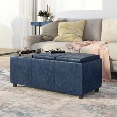 Simpli Home Owen Square Coffee Table Storage Ottoman in Blue Velvet Fabric