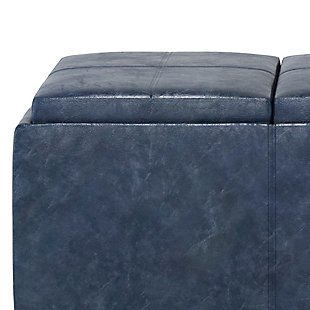 Why sacrifice function for beauty. For a stylish solution to your storage and serving needs, look no further than the Avalon Extra Large Rectangular Storage Ottoman. The unit is made from durable fabrics and comes with three flip over serving trays and lots of storage space. This attractive ottoman is extra strong and durable and features a beautiful stitched exterior and large storage interior. Whether you use this ottoman in your entryway, living room, family room, basement or bedroom, it will allow you to hide away all that mess and eat your food in comfort.; Efforts are made to reproduce accurate colors, variations in color may occur due to computer monitor and photography; At Simpli Home we believe in creating excellent, high quality products made from the finest materials at an affordable price. Every one of our products come with a 1-year warranty and easy returns if you are not satisfiedDIMENSIONS: 17" D x 42" W x 17" H; Hand constructed using solid wood, engineered wood and high density foam | Upholstered with a durable Denim Blue Faux Leather | Features 3 flip over serving trays and large interior storage; Assembly Required | Multi-functional ottoman can be used in bedroom, living room, family room, hallway as an entryway bench, foot stool, accent furniture or provide additional sitting; Contemporary design includes stitching detail