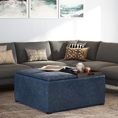 Simpli Home Avalon 35" Wide Contemporary Square Coffee Table Storage Ottoman, Blue, rollover