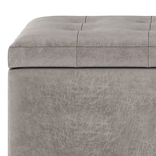 Why sacrifice function for beauty. For a stylish solution to your storage needs, look no further than the Cosmopolitan Rectangular Storage Ottoman. The unit is made from durable fabrics and is extra strong  featuring a beautiful tufted exterior and large storage interior. Whether you use this ottoman in your entryway, living room, family room, basement or bedroom, it will allow you to hide away all that mess.; Efforts are made to reproduce accurate colors, variations in color may occur due to computer monitor and photography; At Simpli Home we believe in creating excellent, high quality products made from the finest materials at an affordable price. Every one of our products come with a 1-year warranty and easy returns if you are not satisfiedDIMENSIONS:  17.3" D x 33.5" W x 18.5" H | Hand constructed using solid wood, engineered wood and high density foam | Upholstered with a durable Distressed Grey Taupe Faux Leather | Features large interior storage space with child safety hinge to prevent lid slamming | Multi-functional ottoman can be used in bedroom, living room, family room, hallway as an entryway bench, foot stool, accent furniture or provide additional sitting | Transitional design includes tufted top and stitching detail | Simple assembly; just attach legs | We believe in creating excellent, high quality products made from the finest materials at an affordable price. Every one of our products come with a 1-year warranty and easy returns if you are not satisfied.