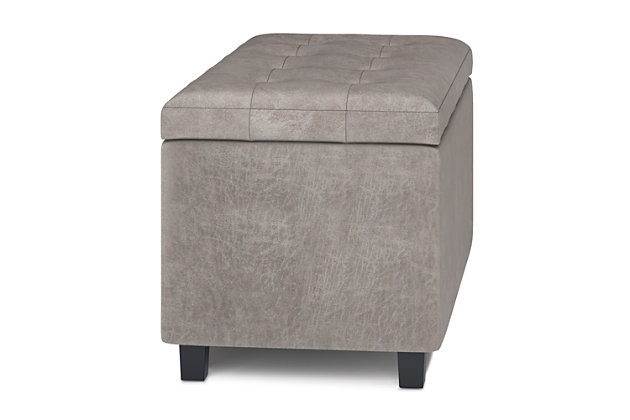 Why sacrifice function for beauty. For a stylish solution to your storage needs, look no further than the Cosmopolitan Rectangular Storage Ottoman. The unit is made from durable fabrics and is extra strong  featuring a beautiful tufted exterior and large storage interior. Whether you use this ottoman in your entryway, living room, family room, basement or bedroom, it will allow you to hide away all that mess.; Efforts are made to reproduce accurate colors, variations in color may occur due to computer monitor and photography; At Simpli Home we believe in creating excellent, high quality products made from the finest materials at an affordable price. Every one of our products come with a 1-year warranty and easy returns if you are not satisfiedDIMENSIONS:  17.3" D x 33.5" W x 18.5" H | Hand constructed using solid wood, engineered wood and high density foam | Upholstered with a durable Distressed Grey Taupe Faux Leather | Features large interior storage space with child safety hinge to prevent lid slamming | Multi-functional ottoman can be used in bedroom, living room, family room, hallway as an entryway bench, foot stool, accent furniture or provide additional sitting | Transitional design includes tufted top and stitching detail | Simple assembly; just attach legs | We believe in creating excellent, high quality products made from the finest materials at an affordable price. Every one of our products come with a 1-year warranty and easy returns if you are not satisfied.