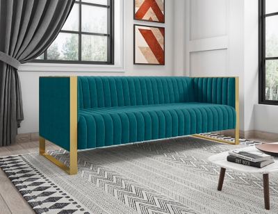 Manhattan Comfort Trillium Sofa, Aqua Blue/Rose Gold, rollover