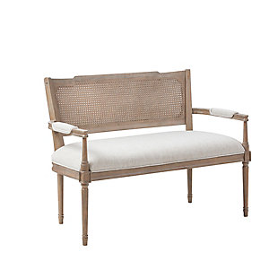Give your living space some country charm with this beautifully designed settee. The rustic-style piece features pillow-topped arms and an attached cushion upholstered in beige fabric. A reclaimed natural wood finish and rattan insert on the back complement the upholstery, for a chic farmhouse look. Solid wood legs provide a strong and sturdy base. With a unique farmhouse aesthetic, this settee is the perfect choice for your living room, bedroom, entryway or den.Made with solid wood | Frame and legs with natural wood finish | Foam-filled fixed seat cushion with beige polyester upholstery | Pillow-topped arm with beige polyester upholstery | Rattan inset chair back | Weight capacity 600 pounds | No assembly required | Imported