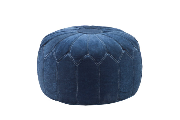 This ottoman pouf makes a comfy, casual statement in any room. Filled with polystyrene beads, the round accent piece is soft and comfortable. Its distinctive stitching pattern adds charming Moroccan style to your existing decor.Made with polyester | Polystyrene bead filling | Weight capacity 300 pounds | No assembly required | Imported