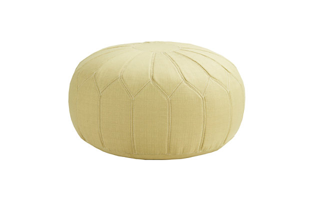 This ottoman pouf makes a comfy, casual statement in any room. Filled with polystyrene beads, the round accent piece is soft and comfortable. Its distinctive stitching pattern adds charming Moroccan style to your existing decor.Made of polyester | Polystyrene bead filling | Weight capacity 300 pounds | No assembly required | Imported