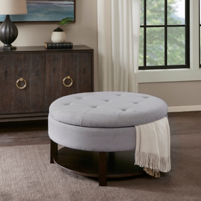 Madison Park Round Tufted Storage Ottoman, Light Gray, rollover