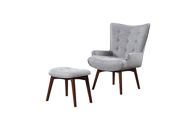 Enhance the comfort level of your living space by adding this sophisticated and elegant accent chair with ottoman. Constructed from solid wood, the chair and ottoman features fabric upholstery and showcases button tufting along with welt trim details. It is supported by angled legs for stability.Made of wood with fabric upholstery | Button tufting and welt trim details | Dual tone finish | Imported | No assembly required