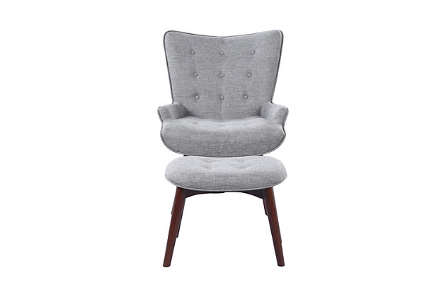 Enhance the comfort level of your living space by adding this sophisticated and elegant accent chair with ottoman. Constructed from solid wood, the chair and ottoman features fabric upholstery and showcases button tufting along with welt trim details. It is supported by angled legs for stability.Made of wood with fabric upholstery | Button tufting and welt trim details | Dual tone finish | Imported | No assembly required
