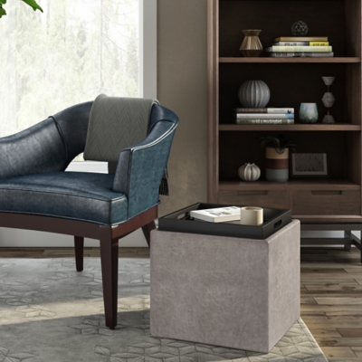 Simpli Home Rockwood 17" Square Storage Ottoman, Gray, rollover