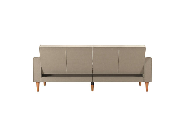 The Mr. Kate vintage-inspired Stella convertible sofa bed futon is perfect for that special someone who’s not afraid of a little bit of vintage and a whole lot of style. Exuding a retro positive vibe while maintaining a modern look, the Stella is certain to be the center of attention in your living room. This futon features English roll arms, luxurious upholstery, a diamond tufted back and wood trim detailing. It offers versatility in spades with a reclining backrest that can easily be positioned into sitting, lounging or sleeping postures. The couch also has foldable back legs for added support when converted into a sleeper bed - perfect for your dear friend who needs a place to crash or an epic movie night. Pocket coil cushioned seating delivers luxury at an affordable price, increasing comfort at every level whether you’re perusing your favorite coffee table book or napping between shows.Made of wood, metal and plastic | Linen upholstery over foam cushion | Backrest button tufting | Runner across the bottom | Pocket coil seating | Multi-functional split-back design converts between 3 positions: sitting, lounging and sleeping | Additional fold down legs in the back provide additional support in sleeping position | 1-year limited warranty | Assembly required