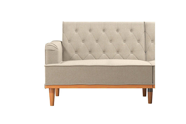 The Mr. Kate vintage-inspired Stella convertible sofa bed futon is perfect for that special someone who’s not afraid of a little bit of vintage and a whole lot of style. Exuding a retro positive vibe while maintaining a modern look, the Stella is certain to be the center of attention in your living room. This futon features English roll arms, luxurious upholstery, a diamond tufted back and wood trim detailing. It offers versatility in spades with a reclining backrest that can easily be positioned into sitting, lounging or sleeping postures. The couch also has foldable back legs for added support when converted into a sleeper bed - perfect for your dear friend who needs a place to crash or an epic movie night. Pocket coil cushioned seating delivers luxury at an affordable price, increasing comfort at every level whether you’re perusing your favorite coffee table book or napping between shows.Made of wood, metal and plastic | Linen upholstery over foam cushion | Backrest button tufting | Runner across the bottom | Pocket coil seating | Multi-functional split-back design converts between 3 positions: sitting, lounging and sleeping | Additional fold down legs in the back provide additional support in sleeping position | 1-year limited warranty | Assembly required