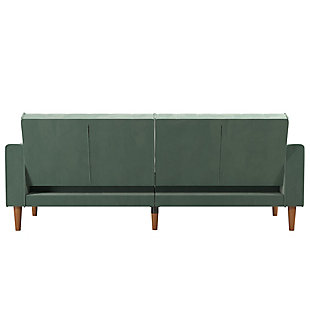 The Mr. Kate vintage-inspired Stella convertible sofa bed futon is perfect for that special someone who’s not afraid of a little bit of vintage and a whole lot of style. Exuding a retro positive vibe while maintaining a modern look, the Stella is certain to be the center of attention in your living room. This futon features English roll arms, luxurious upholstery, a diamond tufted back and wood trim detailing. It offers versatility in spades with a reclining backrest that can easily be positioned into sitting, lounging or sleeping postures. The couch also has foldable back legs for added support when converted into a sleeper bed - perfect for your dear friend who needs a place to crash or an epic movie night. Pocket coil cushioned seating delivers luxury at an affordable price, increasing comfort at every level whether you’re perusing your favorite coffee table book or napping between shows.Made of wood, metal and plastic | Velvet upholstery over foam cushion | Backrest button tufting | Runner across the bottom | Pocket coil seating | Multi-functional split-back design converts between 3 positions: sitting, lounging and sleeping | Additional fold down legs in the back provide additional support in sleeping position | 1-year limited warranty | Assembly required