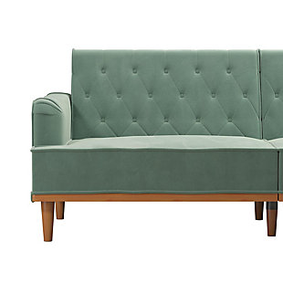The Mr. Kate vintage-inspired Stella convertible sofa bed futon is perfect for that special someone who’s not afraid of a little bit of vintage and a whole lot of style. Exuding a retro positive vibe while maintaining a modern look, the Stella is certain to be the center of attention in your living room. This futon features English roll arms, luxurious upholstery, a diamond tufted back and wood trim detailing. It offers versatility in spades with a reclining backrest that can easily be positioned into sitting, lounging or sleeping postures. The couch also has foldable back legs for added support when converted into a sleeper bed - perfect for your dear friend who needs a place to crash or an epic movie night. Pocket coil cushioned seating delivers luxury at an affordable price, increasing comfort at every level whether you’re perusing your favorite coffee table book or napping between shows.Made of wood, metal and plastic | Velvet upholstery over foam cushion | Backrest button tufting | Runner across the bottom | Pocket coil seating | Multi-functional split-back design converts between 3 positions: sitting, lounging and sleeping | Additional fold down legs in the back provide additional support in sleeping position | 1-year limited warranty | Assembly required