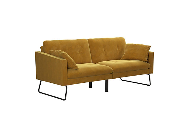 The perfect sofa doesn’t exist? Enter the Mr. Kate Neely Convertible Futon Sofa: the piece of furniture that has everything you didn’t even know you needed packaged in a lovely vintage silhouette. Designed to be the showstopper of your living room, the Neely features ultra soft velvet upholstery, simple backrest tufting and trendy metal tube legs that bring the vintage inspired design to the 21st century. Not only is the Neely unique, but it's also highly versatile. Featuring a multi-functional split-back design that easily converts between 3 positions - sitting, lounging and sleeping - The Neely allows you to accommodate overnight guests, no matter the size of your space. It even comes with additional fold down legs in the backrest to provide maximum support while sleeping. If the Neely is not the perfect small space living solution, we don’t know what is.Made of wood and metal | Velvet upholstery over foam cushion | Backrest tufting | Tube legs | Multi-functional split-back design converts between 3 positions: sitting, lounging and sleeping | Additional fold down legs in the back provide additional support in sleeping position | Includes 2 matching bolster pillows | 1-year limited warranty | Assembly required