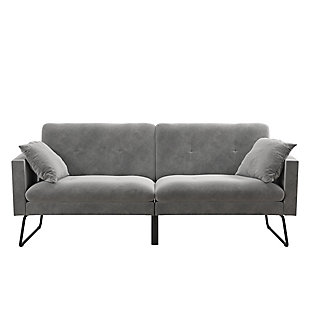 The perfect sofa doesn’t exist? Enter the Mr. Kate Neely Convertible Futon Sofa: the piece of furniture that has everything you didn’t even know you needed packaged in a lovely vintage silhouette. Designed to be the showstopper of your living room, the Neely features ultra soft velvet upholstery, simple backrest tufting and trendy metal tube legs that bring the vintage inspired design to the 21st century. Not only is the Neely unique, but it's also highly versatile. Featuring a multi-functional split-back design that easily converts between 3 positions - sitting, lounging and sleeping - The Neely allows you to accommodate overnight guests, no matter the size of your space. It even comes with additional fold down legs in the backrest to provide maximum support while sleeping. If the Neely is not the perfect small space living solution, we don’t know what is.Made of wood and metal | Velvet upholstery over foam cushion | Backrest tufting | Tube legs | Multi-functional split-back design converts between 3 positions: sitting, lounging and sleeping | Additional fold down legs in the back provide additional support in sleeping position | Includes 2 matching bolster pillows | 1-year limited warranty | Assembly required