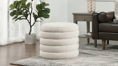 Jennifer Taylor Home Fuji 22" Round Storage Ottoman, Ivory White