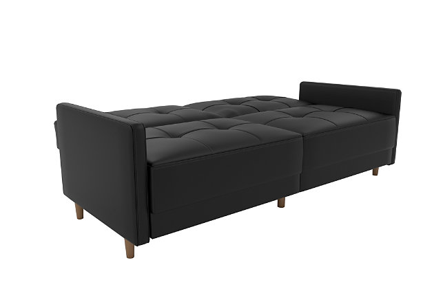 Just because you’re tight on space doesn’t mean you can’t go big on style. Case in point: the Andora coil futon. Clearly inspired by mid-century modern furniture, this high-design futon—upholstered in black faux leather—is dressed to impress with an ultra-linear profile, tufted cushions and slim track armrests. Independently encased coils provide comfort by day and extra support at night when this split-back futon opens up for overnight guests.Wood frame and legs | Foam padding over independently encased coils for superior comfort | Split-back design | Tufted back and seat cushions | Faux leather upholstery | Converts from sofa to sleeper | Assembly required