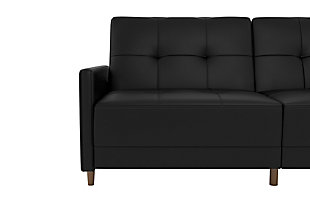 Just because you’re tight on space doesn’t mean you can’t go big on style. Case in point: the Andora coil futon. Clearly inspired by mid-century modern furniture, this high-design futon—upholstered in black faux leather—is dressed to impress with an ultra-linear profile, tufted cushions and slim track armrests. Independently encased coils provide comfort by day and extra support at night when this split-back futon opens up for overnight guests.Wood frame and legs | Foam padding over independently encased coils for superior comfort | Split-back design | Tufted back and seat cushions | Faux leather upholstery | Converts from sofa to sleeper | Assembly required