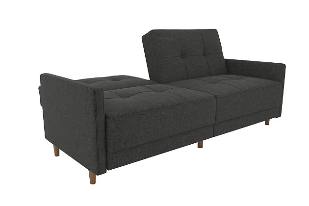 Just because you’re tight on space doesn’t mean you can’t go big on style. Case in point: the Andora coil futon. Clearly inspired by mid-century modern furniture, this high-design futon—upholstered in gorgeous gray linen—is dressed to impress with an ultra-linear profile, tufted cushions and slim track armrests. Independently encased coils provide comfort by day and extra support at night when this split-back futon opens up for overnight guests.Wood frame and legs | Foam padding over independently encased coils for superior comfort | Split-back design | Tufted back and seat cushions | Linen upholstery | Converts from sofa to sleeper | Assembly required