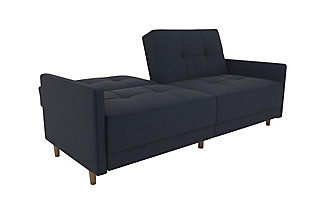 Just because you’re tight on space doesn’t mean you can’t go big on style. Case in point: the Andora coil futon. Clearly inspired by mid-century modern furniture, this high-design futon—upholstered in navy blue linen—is dressed to impress with an ultra-linear profile, tufted cushions and slim track armrests. Independently encased coils provide comfort by day and extra support at night when this split-back futon opens up for overnight guests.Wood frame and legs | Foam padding over independently encased coils for superior comfort | Split-back design | Tufted back and seat cushions | Linen upholstery | Converts from sofa to sleeper | Assembly required
