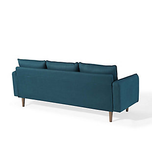 Give new vitality to your home or apartment living space with the Revive sectional sofa. With a comfortable yet tailored profile and bolster pillows, it beckons guests to sit and stay a while. Its soft upholstery gives this sofa an approachable appeal that's echoed by its calming color, clean lines and splayed wood legs. Pocket coil spring system | Polyester upholstery | Walnut finished rubberwood legs | Splayed and tapered legs | Non-marking plastic foot caps | Assembly required