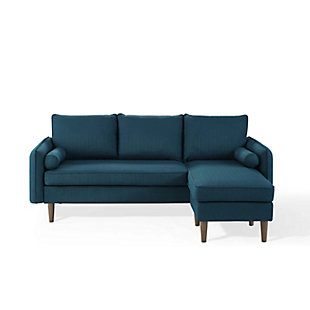 Give new vitality to your home or apartment living space with the Revive sectional sofa. With a comfortable yet tailored profile and bolster pillows, it beckons guests to sit and stay a while. Its soft upholstery gives this sofa an approachable appeal that's echoed by its calming color, clean lines and splayed wood legs. Pocket coil spring system | Polyester upholstery | Walnut finished rubberwood legs | Splayed and tapered legs | Non-marking plastic foot caps | Assembly required