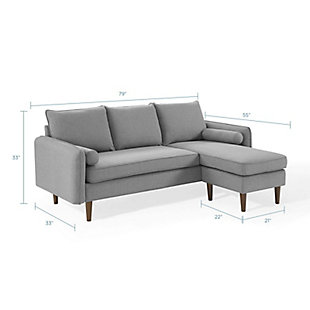 Give new vitality to your home or apartment living space with the Revive sectional sofa. With a comfortable yet tailored profile and bolster pillows, it beckons guests to sit and stay a while. Its soft upholstery gives this sofa an approachable appeal that's echoed by its calming color, clean lines and splayed wood legs. Pocket coil spring system | Polyester upholstery | Walnut finished rubberwood legs | Splayed and tapered legs | Non-mar plastic foot caps | Assembly required