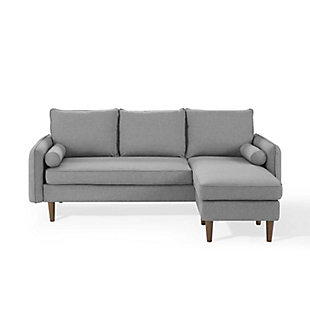 Give new vitality to your home or apartment living space with the Revive sectional sofa. With a comfortable yet tailored profile and bolster pillows, it beckons guests to sit and stay a while. Its soft upholstery gives this sofa an approachable appeal that's echoed by its calming color, clean lines and splayed wood legs. Pocket coil spring system | Polyester upholstery | Walnut finished rubberwood legs | Splayed and tapered legs | Non-mar plastic foot caps | Assembly required