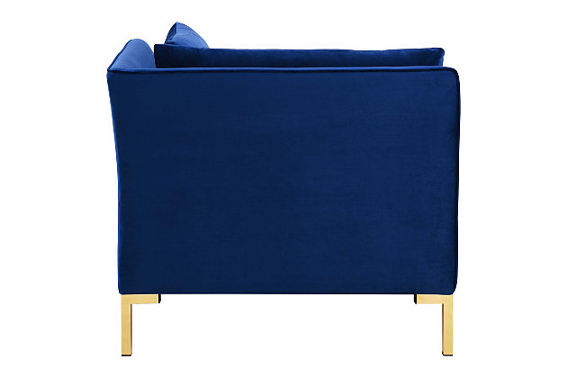 With luxe velvety texture and classic French piping, the Ardent corner chair refreshes your space. Covered in stain-resistant performance velvet, this piece features dense foam padding that creates a premium seating experience. Resting on a goldtone base, this corner chair adds a glam touch wherever it's placed.Sinuous spring support system | Dense foam padding | Performance velvet polyester upholstery | Stain-resistant fabric | Goldtone metal legs | Non-marking foot caps | Assembly required