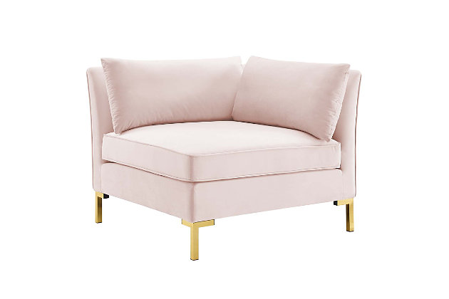 With luxe velvety texture and classic French piping, the Ardent corner chair refreshes your space. Covered in stain-resistant performance velvet, this piece features dense foam padding that creates a premium seating experience. Resting on a goldtone base, this corner chair adds a glam touch wherever it's placed.Sinuous spring support system | Dense foam padding | Performance velvet polyester upholstery | Stain-resistant fabric | Goldtone metal legs | Non-marking foot caps | Assembly required