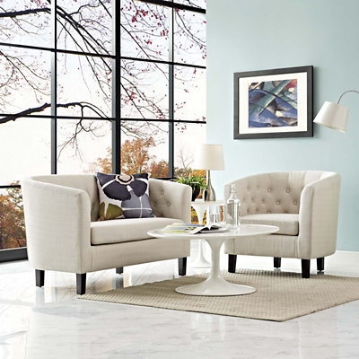 Modway Prospect 2 Piece Tufted Loveseat and Armchair Set, Beige, large