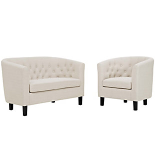 Intrinsically luxurious, the Prospect loveseat and armchair set blends classic and modern design to create a new look to love. Button tufting and sweeping curves mesh to form this eye-catchingly chic contemporary duo. Featuring comfortable foam padding and cozy upholstery, this seating set is striking in style.Includes loveseat and armchair | Foam padding | Polyester upholstery | Wood legs with espresso finish | Deep button tufting | Non-marking foot caps | Assembly required