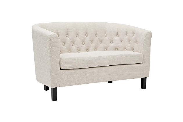 Intrinsically luxurious, the Prospect loveseat and armchair set blends classic and modern design to create a new look to love. Button tufting and sweeping curves mesh to form this eye-catchingly chic contemporary duo. Featuring comfortable foam padding and cozy upholstery, this seating set is striking in style.Includes loveseat and armchair | Foam padding | Polyester upholstery | Wood legs with espresso finish | Deep button tufting | Non-marking foot caps | Assembly required