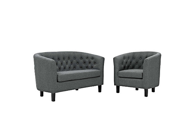 Intrinsically luxurious, the Prospect loveseat and armchair set blends classic and modern design to create a new look to love. Button tufting and sweeping curves mesh to form this eye-catchingly chic contemporary duo. Featuring comfortable foam padding and soft velvet upholstery, this seating set is striking in style.Includes loveseat and armchair | Dense foam padding  | Performance velvet polyester upholstery | Stain-resistant fabric | Wood legs with espresso finish | Deep button tufting | Non-marking foot caps | Assembly required