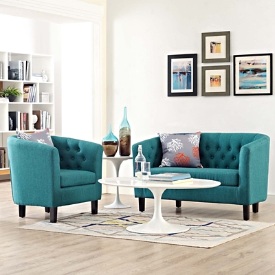 Modway Prospect 2 Piece Tufted Loveseat and Armchair Set, Teal, large